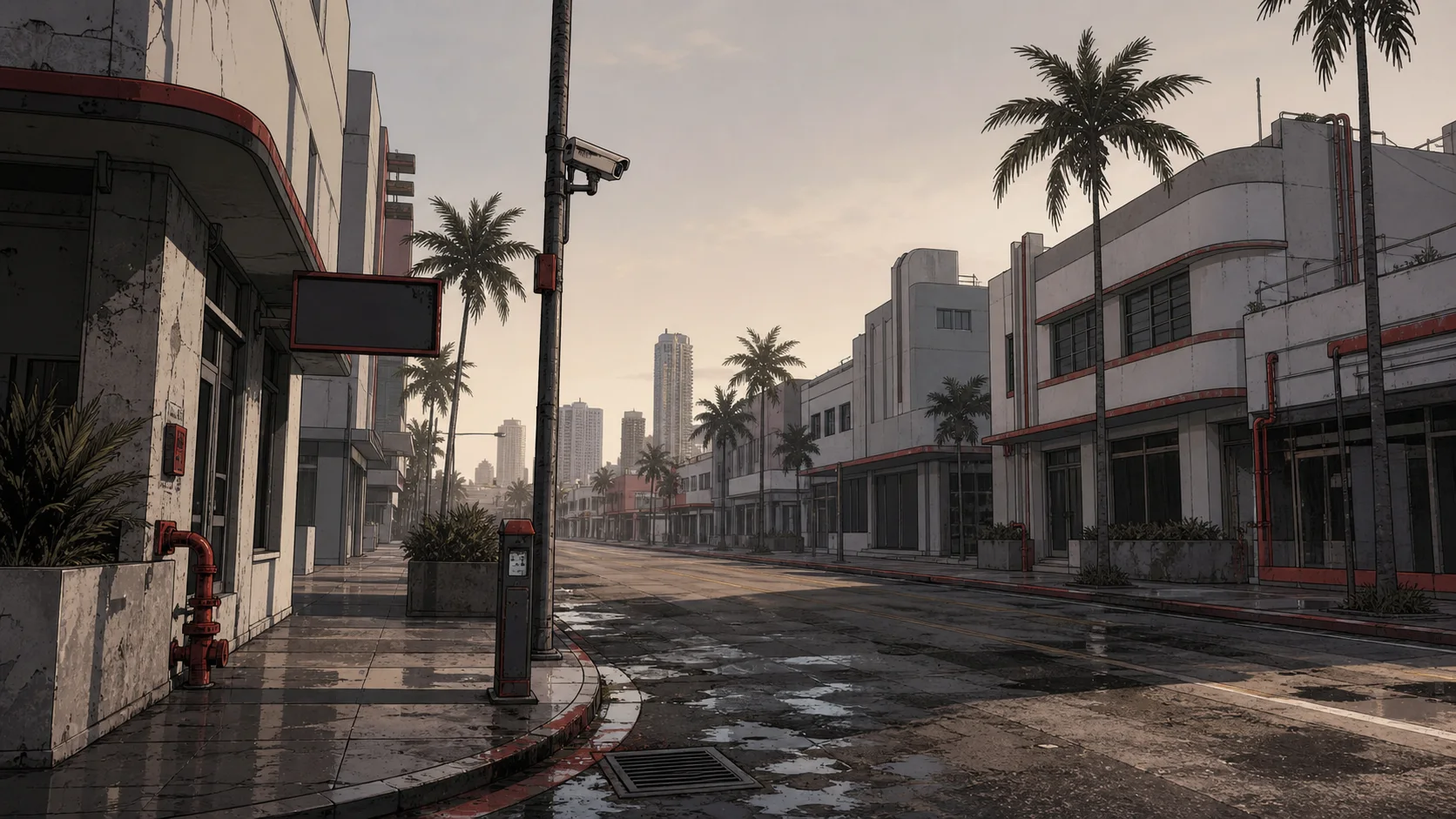 An illustrated Miami boulevard at dawn, lined with palms and surveillance cameras